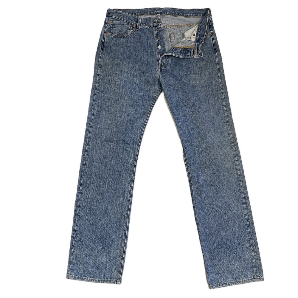 Levi's 501 Button Fly Jeans Mens 34x34 Blue Medium Wash 100% Cotton Red Tab